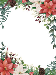 Watercolor christmas border frame, new year green spruce tree branches, leaf and poinsettia flowers. Space for text. Christmas background with live fir branches. Perfect for invitation cards, print