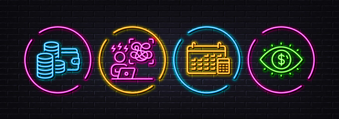 Difficult stress, Wallet and Calendar minimal line icons. Neon laser 3d lights. Business vision icons. For web, application, printing. Work pressure, Money budget, Calculator device. Vector