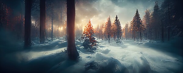 Dreamy winter season background with a forest landscape and snow. Trees during the winter season with warm sunlight. Beautiful nature scene 3d render.