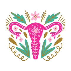 Naklejka premium Woman blossom reproductive system anatomy, flat vector clipart banner template isolated on white background. Beautiful magic women sacred cycle concept. Flowers and floral decor elements.
