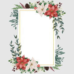 Watercolor christmas border, new year green spruce tree branches, leaf and Poinsettia Flowers. Frame vignette with a bouquet of flowers. Border, background. Perfect for invitation cards, print