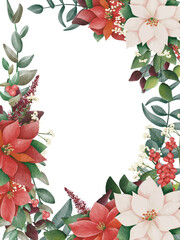 Watercolor christmas border frame, new year green spruce tree branches, leaf and poinsettia flowers. Space for text. Christmas background with live fir branches. Perfect for invitation cards, print