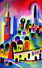 Historical center of Moskow city, Russia. Old architecture, red square. Cubism style digital artwork, modern art
