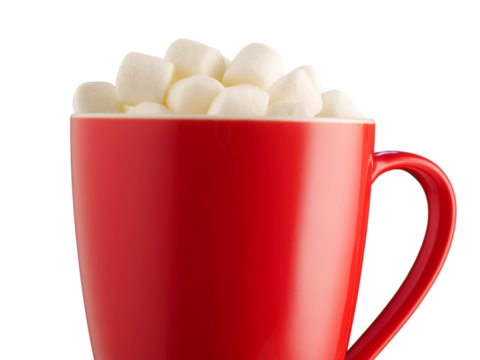 Red cup of cocoa with marshmallow, isolated on white. Xmas or traditional christmas concept, PNG