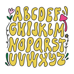 Hippie bohemian liquid groovy modern funky font alphabet 1960s with mushroom and flowers characters in boho psychedelic style. Perfect for posters, collages, clothing, music albums, custom t shirt