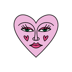 Bizarre Valentines day heart modern abstract face. Groovy emoji shape. Funky hippie mad weird 60s 70s sixties retro cartoon doodle style trendy fashion art. Illustration isolated on white background