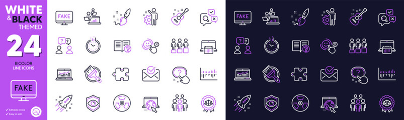 Help, Question button and Brush line icons for website, printing. Collection of Startup rocket, Equity, Fake news icons. Chemical hazard, Guitar, Justice scales web elements. Vector