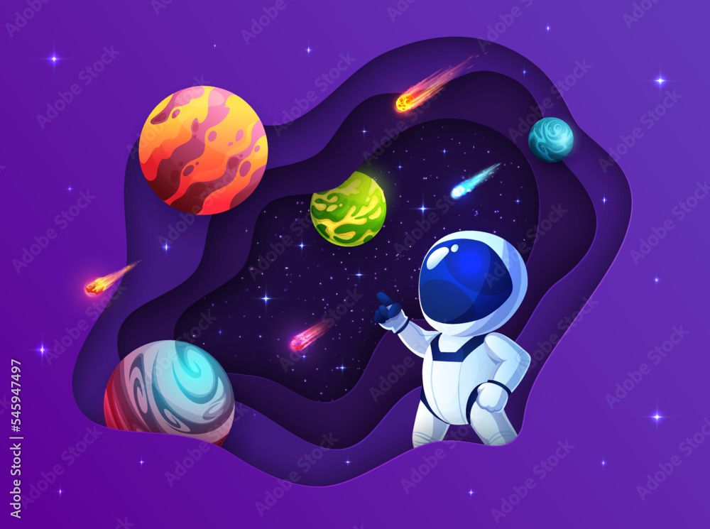 Poster space paper cut banner with astronaut and galaxy planets, vector universe exploration. cartoon space