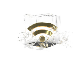 Gold wifi sign in cube of melting ice and drop water on isolated background. Idea for winter splash banner for your  internet business. 