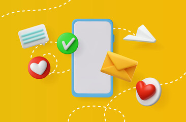 3d illustration of social media with a phone and flying icons. Modern vector design. The concept of new messages and likes. realistic email with 3d paper plane.