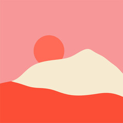 Abstract mountains. Aesthetic minimalist landscape with desert, mountains, sun. Flat cartoon style, vector poster. Mountain landscape illustration, travel minimal art scene.