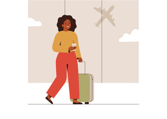 Happy woman with baggage is in airport. African American girl waiting to board her plane and drinks coffee. Female tourist going on summer vacation, journey or trip. Vector illustration