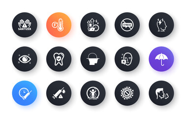 Minimal set of Dental insurance, Coronavirus and Difficult stress flat icons for web development. Face scanning, Clean hands, Stress icons. Face declined, Health eye. Circle buttons with icon. Vector