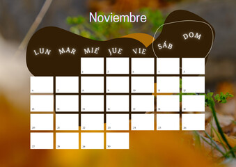 Calendario año 2023 mes de Noviembre. Calendario de naturaleza. Plantilla de calendario planificador. Tamaño de papel - obrazy, fototapety, plakaty