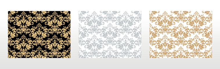 Wallpapers in the style of Baroque. Seamless vector backgrounds. Set of colored floral ornaments. Graphic patterns for fabric, wallpaper, packaging. Ornate Damask flower ornaments