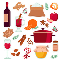 Mulled wine ingredients flat icons set. Hot winter alcohol drink. Cinnamon, honey, ginger, sugar, clove spices, nutmeg, spices and fruits ingredients for cocktail. Color isolated illustration