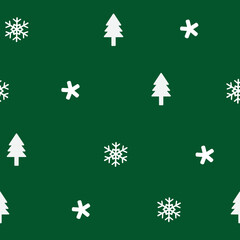 Seamless Christmas pattern with snowflakes and pine trees in simple style. Christmas holiday winter. Great for stationery, gift wrap, Christmas decor, home decor, invitations, backdrop, textile