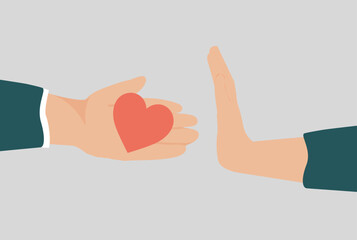 Woman or man rejects a love confession and pushes a red heart containing affection and admiration. Concept of unsolicited love declaration, relationships breakup, friend zone and broken heart.