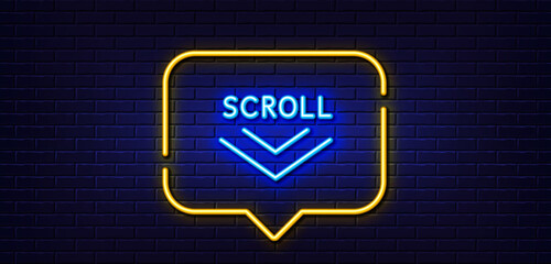 Neon light speech bubble. Scroll down arrow line icon. Scrolling screen sign. Swipe page. Neon light background. Scroll down glow line. Brick wall banner. Vector © blankstock