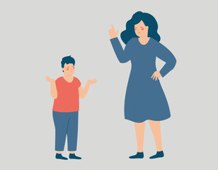 Angry parent having conflict with his boy. Young mother blaming his son. Mom punishing his child due to a bad behavior. Positive parenting and discipline concept