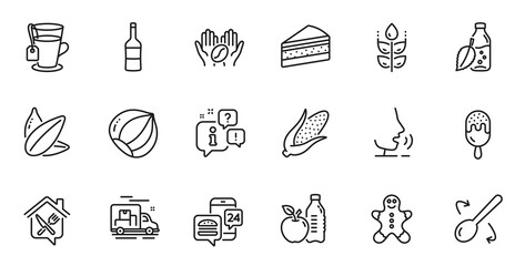 Outline set of Tea, Corn and Hazelnut line icons for web application. Talk, information, delivery truck outline icon. Include Wine, Healthy food, Gluten free icons. Vector