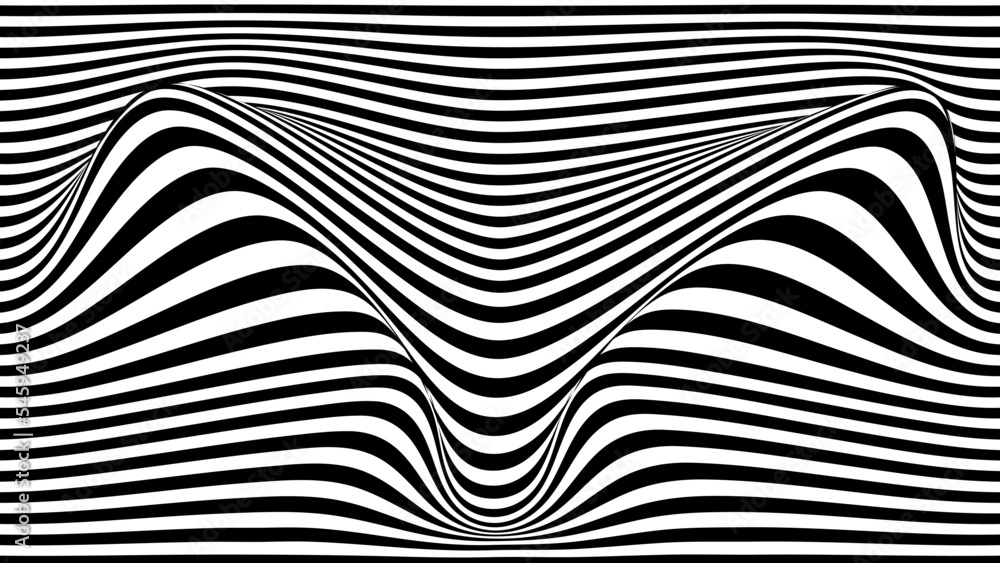 Poster optical illusion curve wave. abstract vector background with black and white lines. pattern distorte
