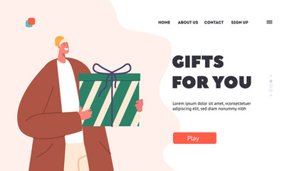 Christmas or New Year Holidays Celebration Landing Page Template. Man Holding Gift Box Wrapped with Festive Bow