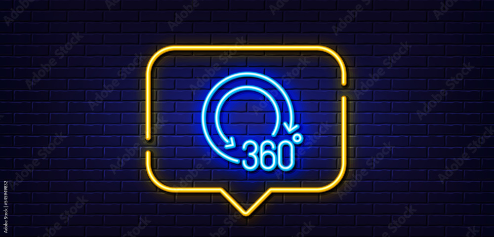 Poster neon light speech bubble. 360 degrees line icon. panoramic view sign. vr technology simulation symbo