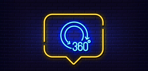 Neon light speech bubble. 360 degrees line icon. Panoramic view sign. VR technology simulation symbol. Neon light background. 360 degrees glow line. Brick wall banner. Vector