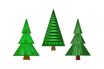Triangular shaped Christmas trees, a set of color drawings, on a transparent background, for design and print