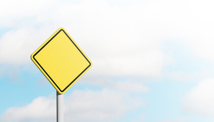 Yellow warning sign with sky background. Blank road sign. 3D illustration.