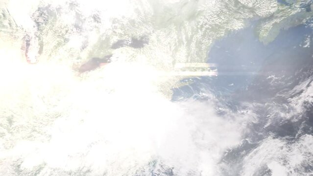 Earth zoom in from outer space to city. Zooming on Allentown, Pennsylvania, USA. The animation continues by zoom out through clouds and atmosphere into space. Images from NASA