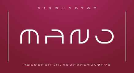 Tech font. Modern line font alphabet. Internet, electric letter fonts. Creative font for electronic dance music. MINIMAL digital technology typography and number set.