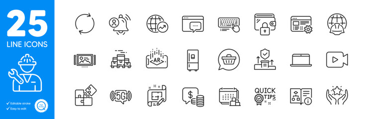 Outline icons set. Web settings, Augmented reality and Full rotation icons. World statistics, Video camera, Image carousel web elements. Global engineering, Coins, 5g wifi signs. Ranking. Vector