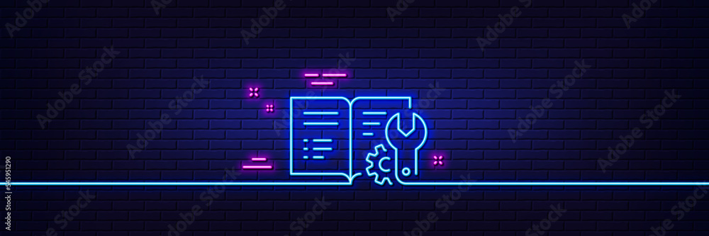 Poster neon light glow effect. engineering documentation line icon. technical instruction sign. 3d line neo