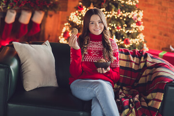 Portrait of pleasant adorable satisfied nice girl with wavy hairdo dressed red ornament sweater sit on couch hold cookie in house indoors