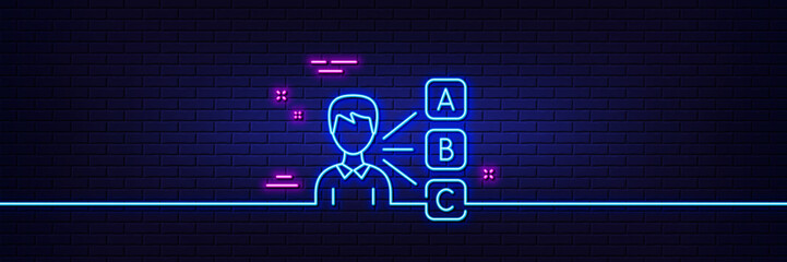 Neon light glow effect. Opinion or choice line icon. Select answer sign. Business test symbol. 3d line neon glow icon. Brick wall banner. Opinion outline. Vector
