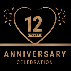 12 years anniversary celebration logotype. anniversary logo with golden color isolated on black background, vector design for celebration, invitation card, and greeting card. Eps10 Vector Illustration