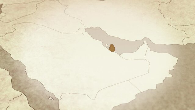 Vintage map showing Qatar. From above zooming in.