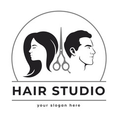 Hair studio logo. Silhouette of the profile of the head of a man and a woman with scissors