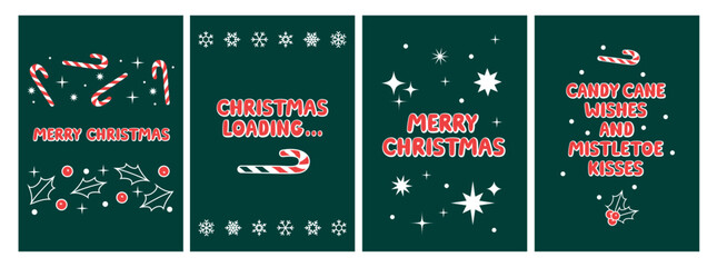 Set of Holiday Cards with Christmas Quotes, Stars, Snoflakes, Candy Canes and Mistletoe on Green Background. Christmas Templates. Vector Posters