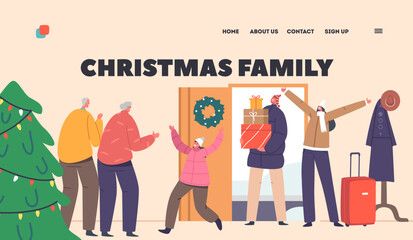 Family Christmas Landing Page Template. Happy Grandchildren Visiting Grandparents Concept. Father, Mother and Kids