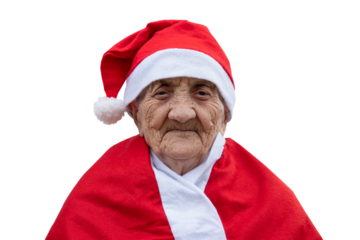 Very old woman 90 years old Mrs Claus with funny expression on isolated on transparent background. Grand-mother or elderly woman with big happy smile wearing Santa Claus hat L