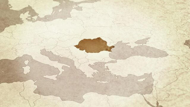 Vintage map showing Romania. From above zooming in.