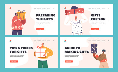 Happy People with Gifts Landing Page Template Set Male and Female Characters Prepare Winter for Holidays Celebration