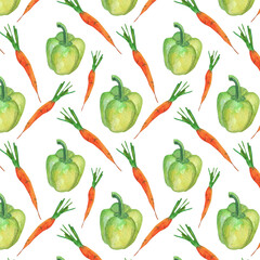 Carrot and pepper pattern.Farm.Watercolor print on white background.Natural hand drawn pattern
