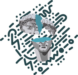 Illustration of the destroyed head of David. The marble bust is broken into three parts, turquoise color in the fracture, abstract background stripes. A modern interpretation of the old classics