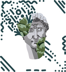 Illustration of a part of David s head. The marble bust of the head broke and green nature looked out from it and wrapped the image in a frame of abstract stripes and curves. Modern interpretation