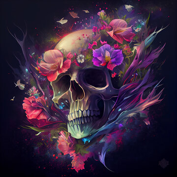 Skull exploding with flowers art nouveau style image
