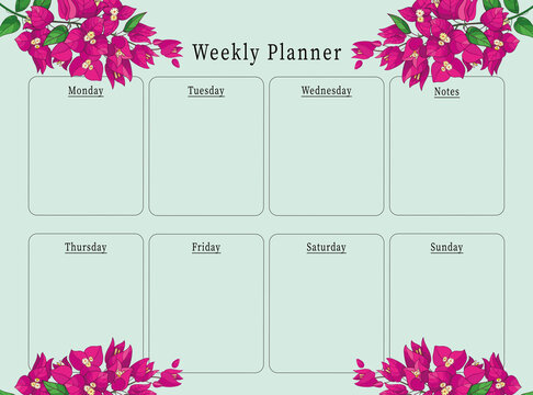 bougainvillea Weekly Planner , printable planner . Flowers theme.